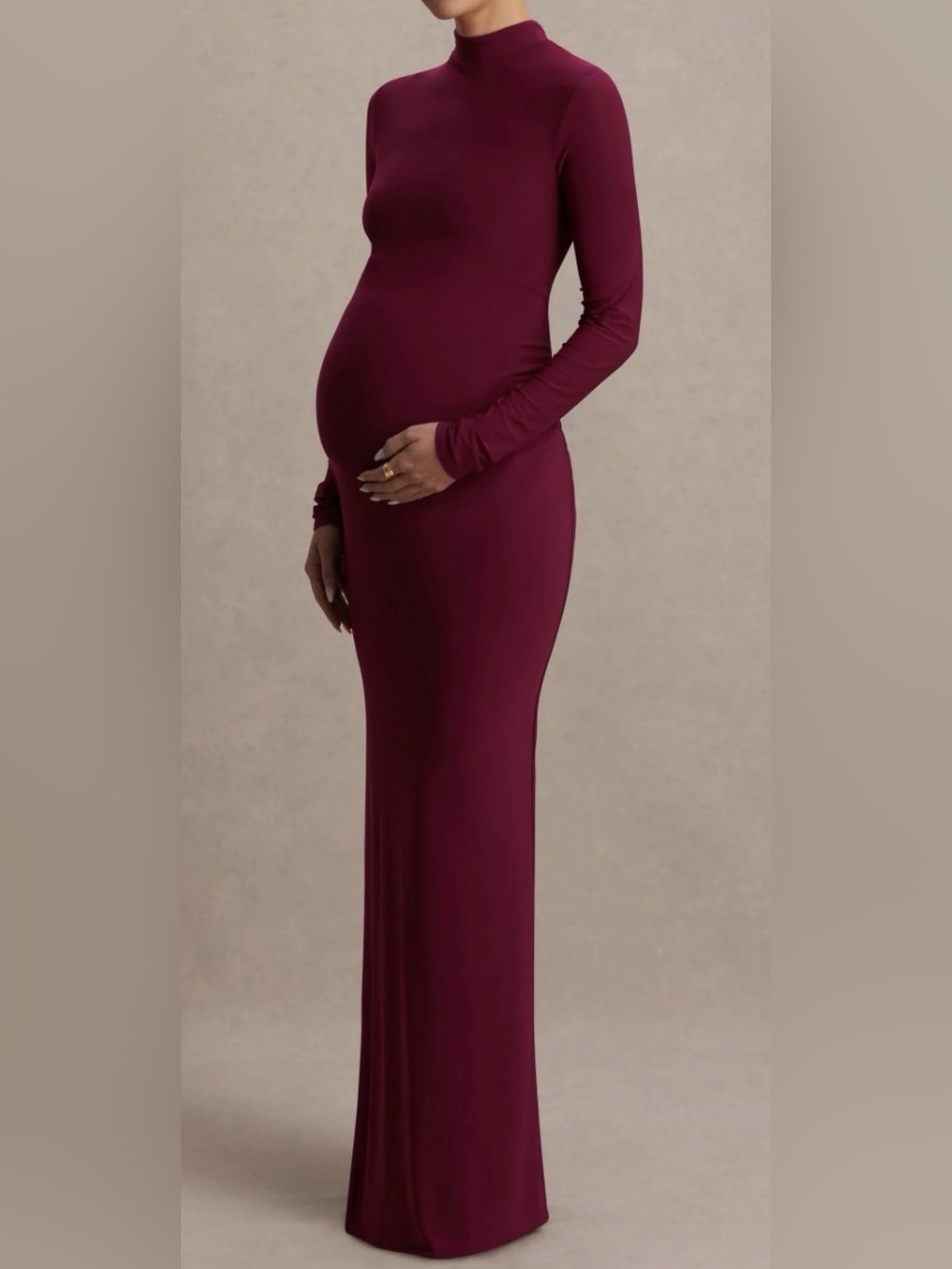 Club L London Alejandra Burgundy Maternity Long Sleeve High Neck Bodycon Maxi